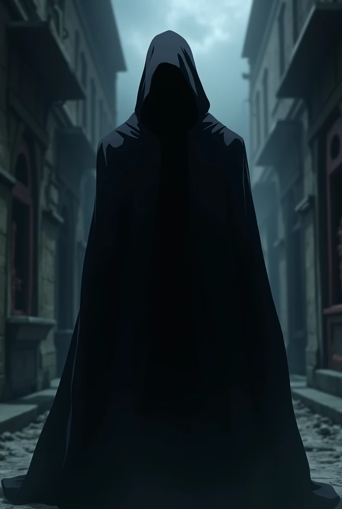 The villain wears a black cloak covering his face in the anime, covering his face.