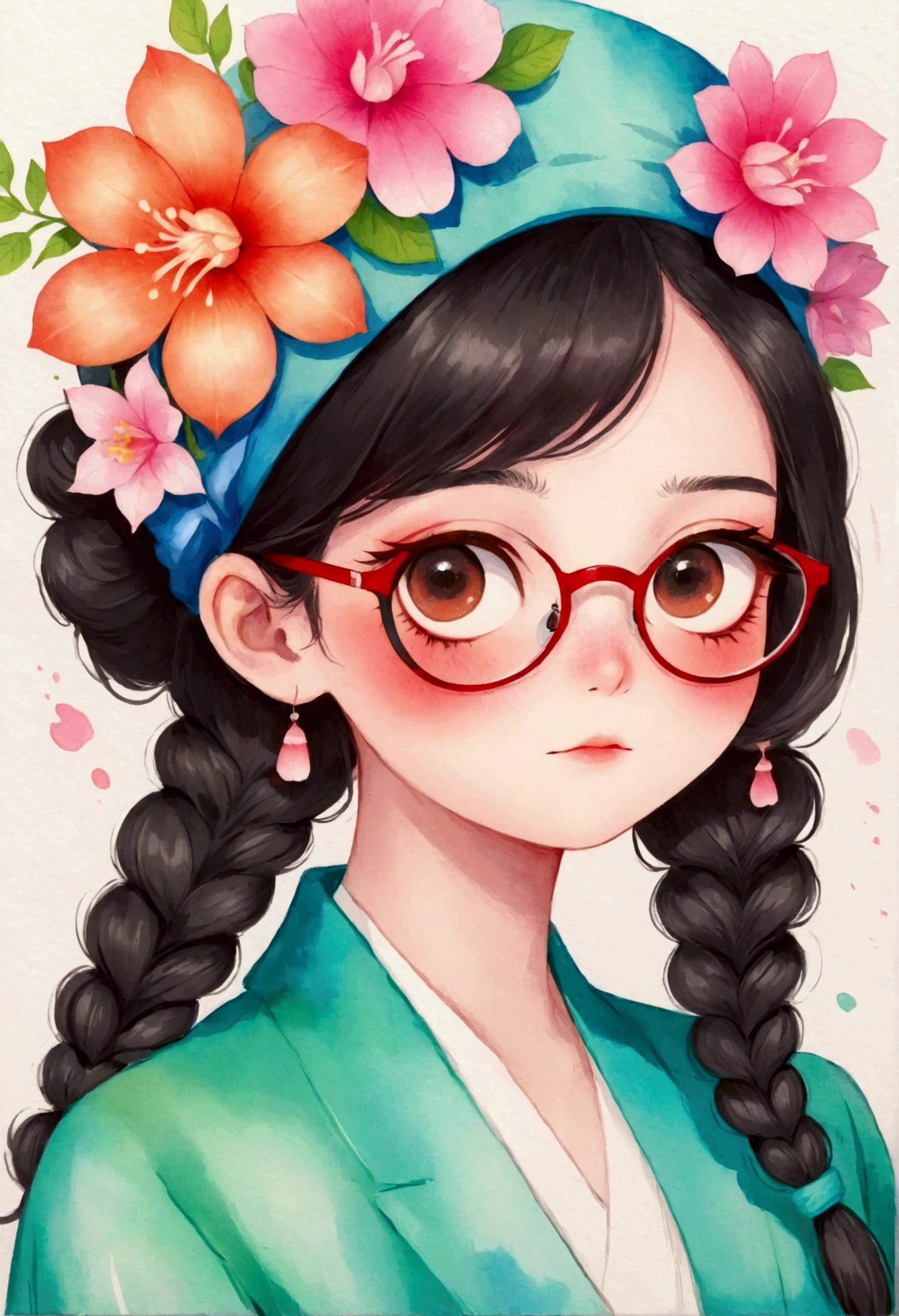 Drawing of a woman wearing glasses and a flower hat, 柳川信贞的color铅笔素描, tumblr, Process art, Watercolor strokes, Pantone Marker Portrait, Colorfull illustration, Colored pen painting, Watercolor and pen, Ink and watercolor illustration, Watercolor pencils + Ink Painting, color插图, color, colored Ink Painting, color肖像