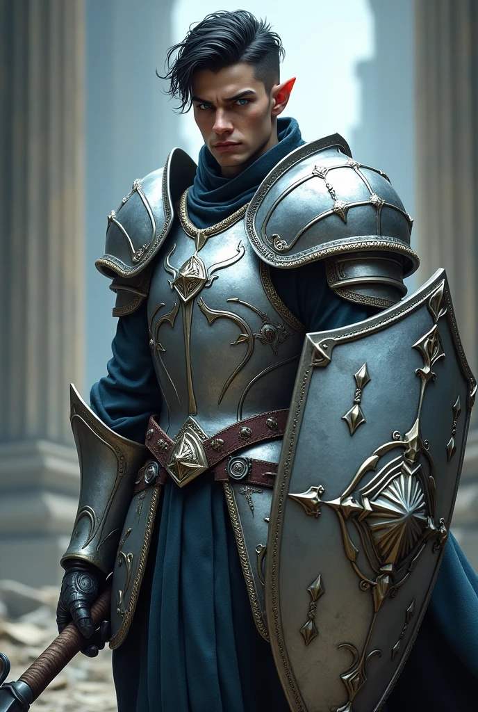 Male elf dark short hair White skin dark blue eyes no beard with silver heavy armor , Mace and tower shield