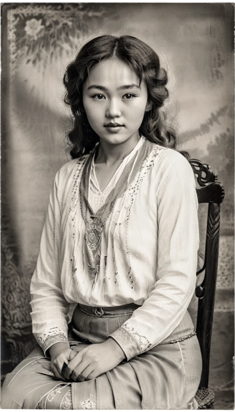 (Best quality,4K,8 K,a high resolution,masterpiece:1.2), ultra detailed, (realistic,photorealistic,photo-realistic:1.37), Black and white photography, portrait, 1920s, Kazakh girl, 2, Direct eye contact, long hair, Good, Retro style, Vintage fashion. Black and white photo. Kazakhstan