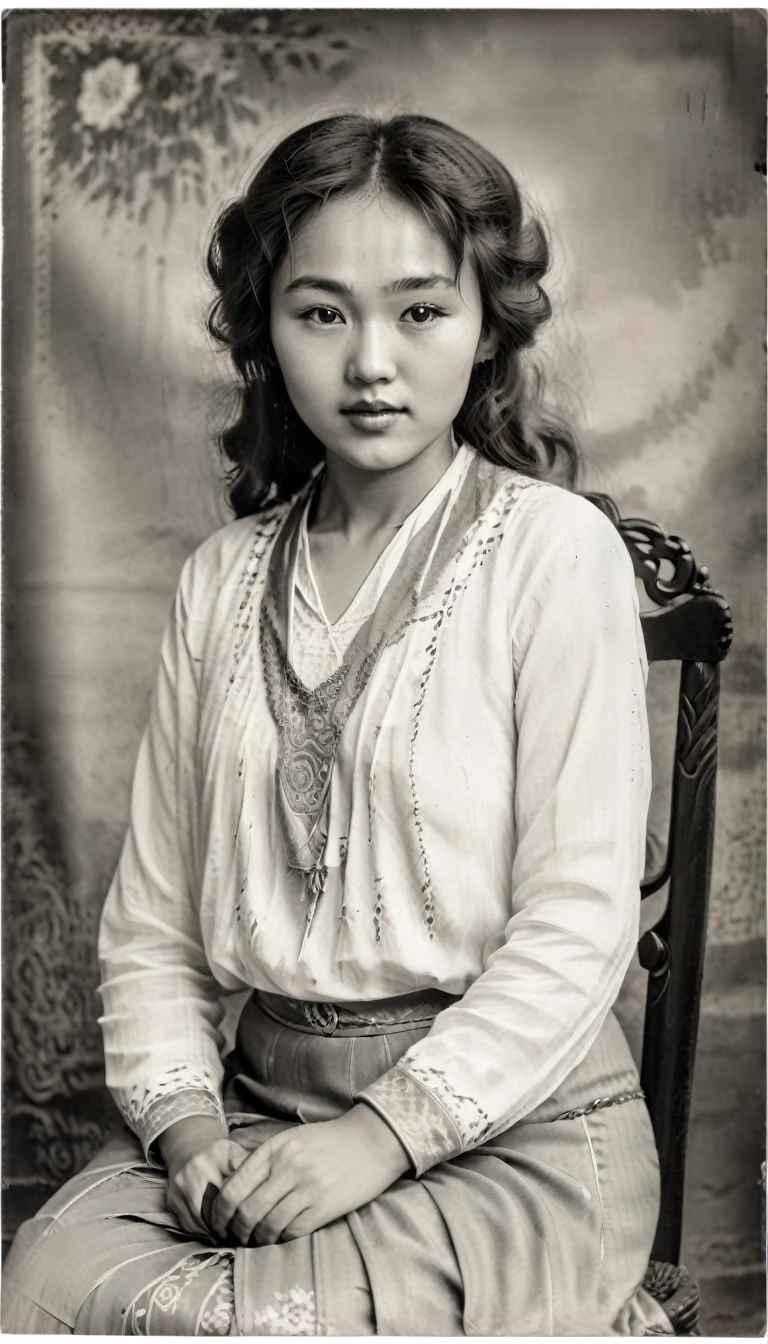 (Best quality,4K,8 K,a high resolution,masterpiece:1.2), ultra detailed, (realistic,photorealistic,photo-realistic:1.37), Black and white photography, portrait, 1920s, Kazakh girl, 2, Direct eye contact, long hair, Good, Retro style, Vintage fashion. Black and white photo. Kazakhstan