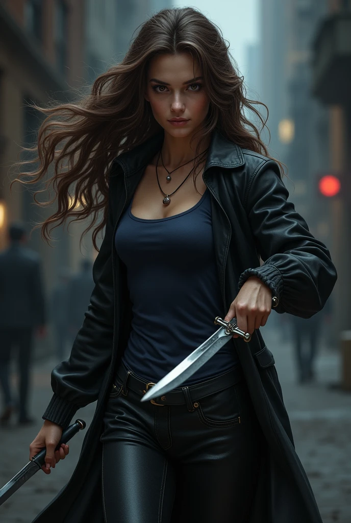 girl with long wavy brunette hair wearing black necklace, navy tank top inside black long jacket and black boots while holding daggers with both hands ready to fight