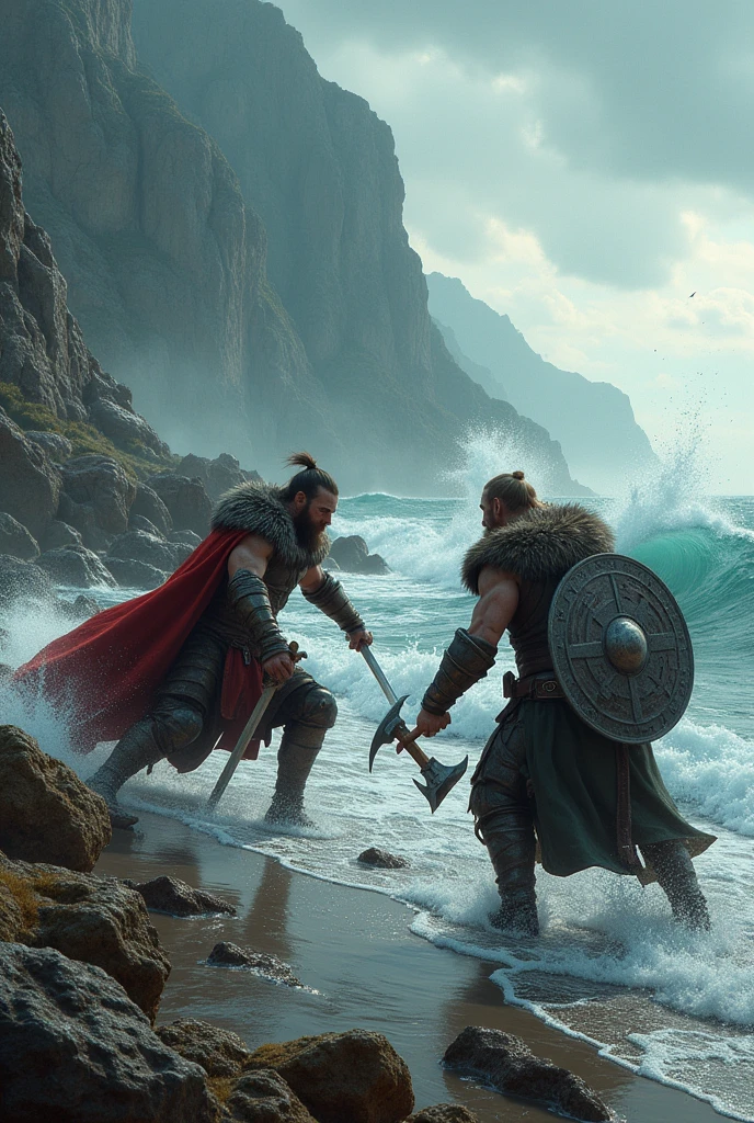 Vikings battling at the seashore.