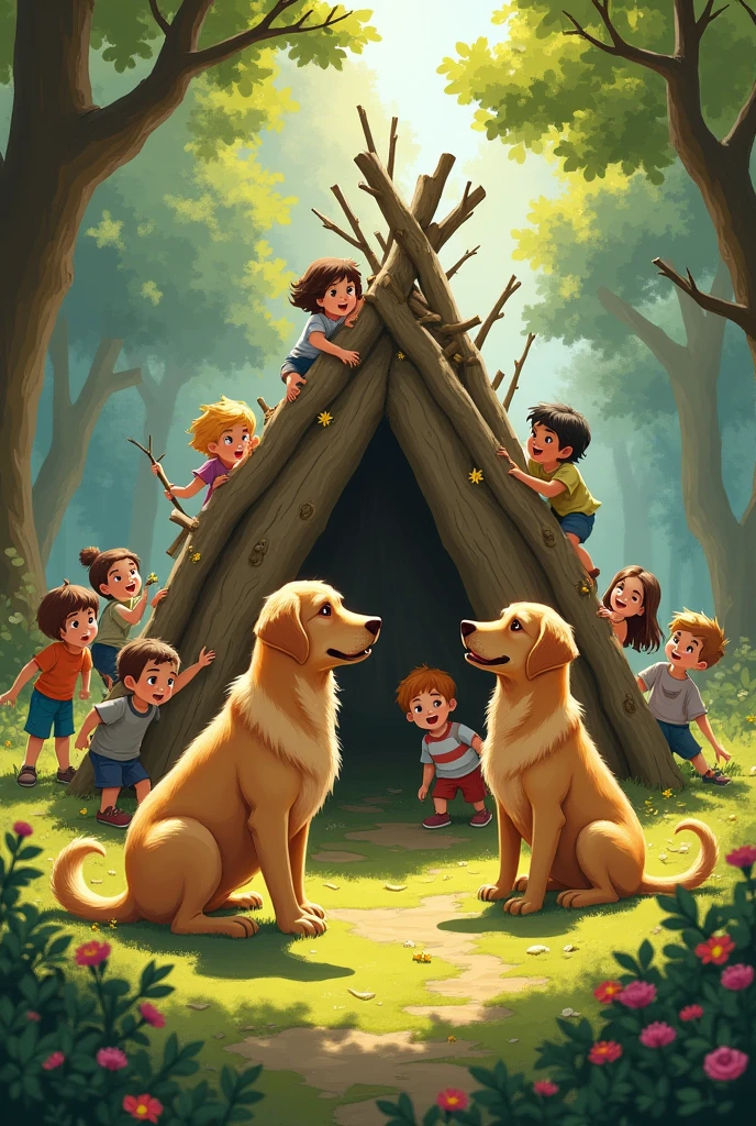   Lucas and Max the Golden Labrador make a fort out of branches with their child friends