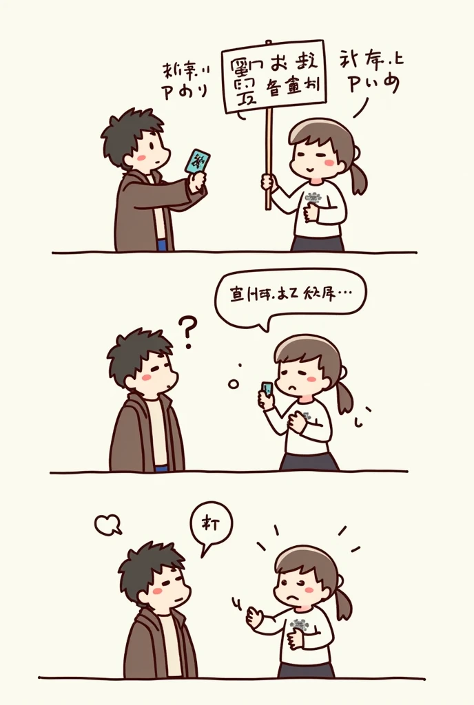 MAKE AN IMAGE ( COMIC 5 STRIPS)

Panel 1: Two people are standing across from each other, one person is holding a sign with Chinese characters, and the other person looks confused.

Person 1: Hello (Nǐ hǎo)

Person 2: Sorry, I don't understand.

Panel 2: Person 1 points to the sign they are holding.

Person 1: This is my name(Zhè shì wǒ de míngzì)

Person 2: Oh, I see. I don't read ChineseImage: Person 1 puts down the sign and takes out their phone. They open a translation app and show it to Person 2.

• text: "Use a Translation Tool: Technology can bridge language gaps."