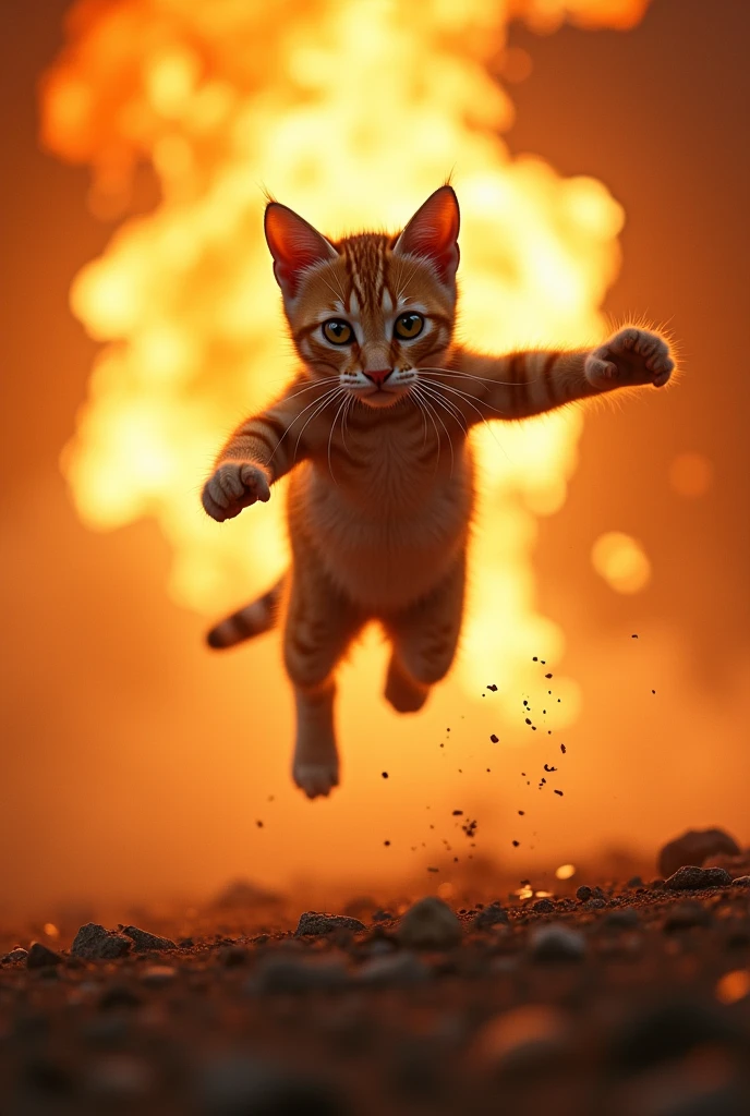 A cinematic shot of a (cat:1.3) in mid-air, (leaping out of an explosion:1.2), dramatic backdrop of fiery bursts, smoke tendrils, intense motion, high contrast, (feline agility:1.1), wide angle lens, Hollywood blockbuster vibe, dynamic pose, hero moment, action-filled scene, vibrant flame colors, impeccable timing, 4K resolution, heart-stopping capture,
















































































































