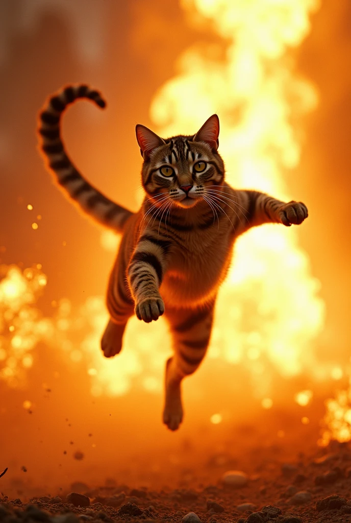 A cinematic shot of a (cat:1.3) in mid-air, (leaping out of an explosion:1.2), dramatic backdrop of fiery bursts, smoke tendrils, intense motion, high contrast, (feline agility:1.1), wide angle lens, Hollywood blockbuster vibe, dynamic pose, hero moment, action-filled scene, vibrant flame colors, impeccable timing, 4K resolution, heart-stopping capture,
















































































































