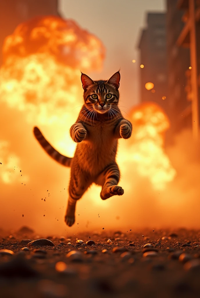A cinematic shot of a (cat:1.3) in mid-air, (leaping out of an explosion:1.2), dramatic backdrop of fiery bursts, smoke tendrils, intense motion, high contrast, (feline agility:1.1), wide angle lens, Hollywood blockbuster vibe, dynamic pose, hero moment, action-filled scene, vibrant flame colors, impeccable timing, 4K resolution, heart-stopping capture,