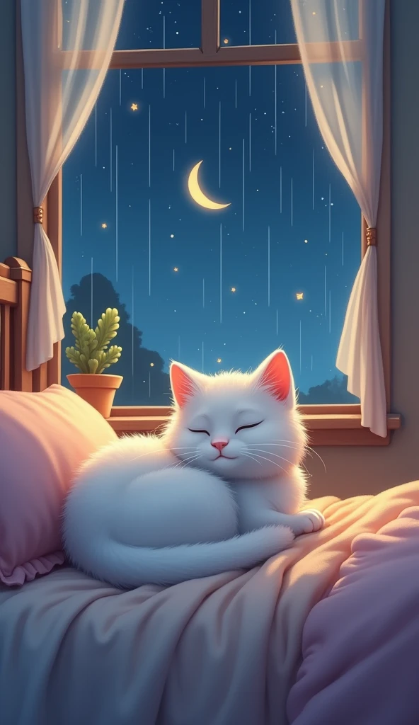 Highest quality, Bedroom、cute,White cat sleeping on the bed,I can see the rain from the window,High resolution, Back view, 短足Back view, moon,star,