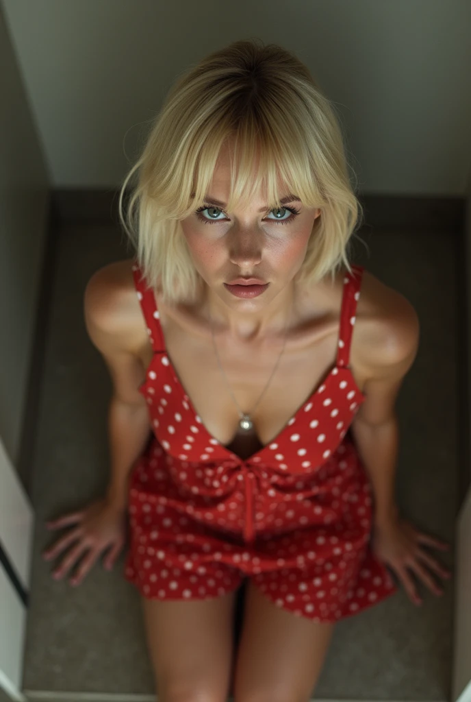 from an above perspective, Birds Eye view, perfect face, rating_questionable, rating_explicit, BREAK, RAW, 85mm, f/1.2, (highest quality), ((photorealistic:1.2)), ((realistic skin texture:1.5)), realistic, 2 girl, body, looking up at viewer, European woman, ((solo)), seductive, young face, short hairstyle with bangs, blonde, young body, huge saggy breasts, thin waist, wide hips:1.4, breasts out, very pale skin, (((red polka dot summer dress))), kneeling in a bathroom stall, hips, different face:1.3, perfect shadows, (((different poses))), from an above perspective, Birds Eye angle, photo, 8k uhd, HDR, dslr, Fujifilm XT3, (masterpiece:1.4) photograph, film, epic, gorgeous, film grain, bokeh,