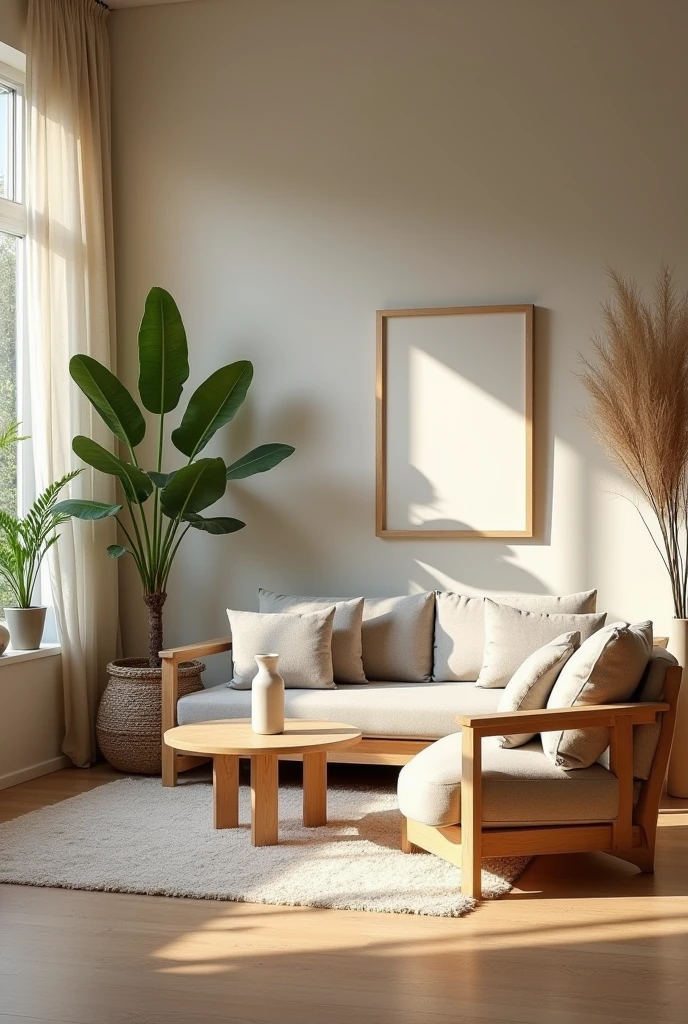 "Timelapse of a living room being decorated in Japandi style, with light wood furniture, soft textiles and plants."