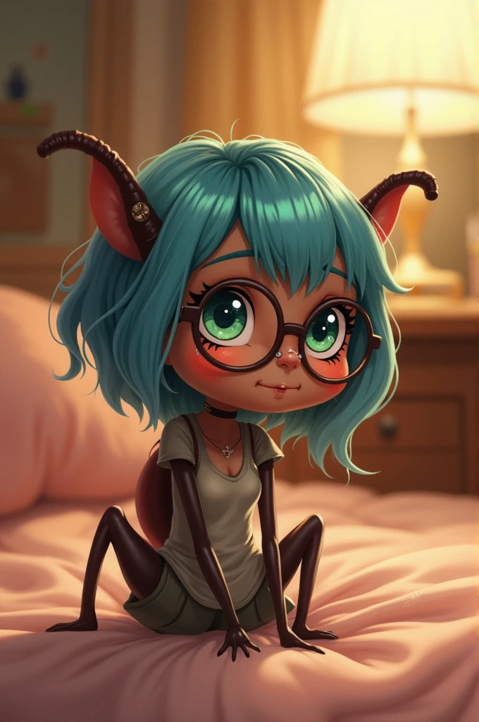 hey, could you help me? I have a habit of calling my girlfriend louse or louse affectionately., I would like to know if you could illustrate this nickname in a cute way so I can give it to her as a gift., This is very important to me. I can give you a description of her so that the drawing becomes more unique and characteristic. She has dark skin., tem piercing no naris(a ring in the nostril and one in the sceptum) and uses a stretcher and small piercings in the ear, He also wears glasses and has blue-green hair tips.