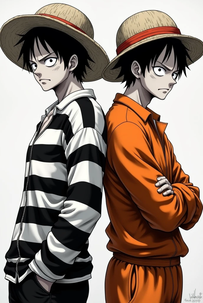 Monkey D. Luffy in a black and white striped long-sleeved prison uniform and Monkey D. .... Luffy in orange long-sleeved prison uniform