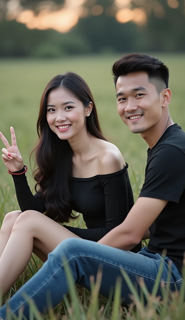 Photo of a beautiful Indonesian woman laughing happily sitting in a field, radiate serenity. Her hair was black and somewhat long in a bob and she was wearing a tight black off-shoulder shirt and short jeans.. One leg crossed over the other, and his arms were placed on her thighs. She wore a red string bracelet on her wrist and made a V-sign with her free hand.. Her clear, piercing brown eyes catch the warm light of the sun at dawn or dusk.. Beside him sat a handsome Indonesian man with short, neatly teased hair, his face clearly visible, wearing a black t-shirt and long jeans., they look at the camera. The soft, out-of-focus farm background adds to the delicate atmosphere of the scene, without any clear indication of a specific location or context. The artist's small signature in 'pupunkhatake' style is on the right.., fashion, cinematic
