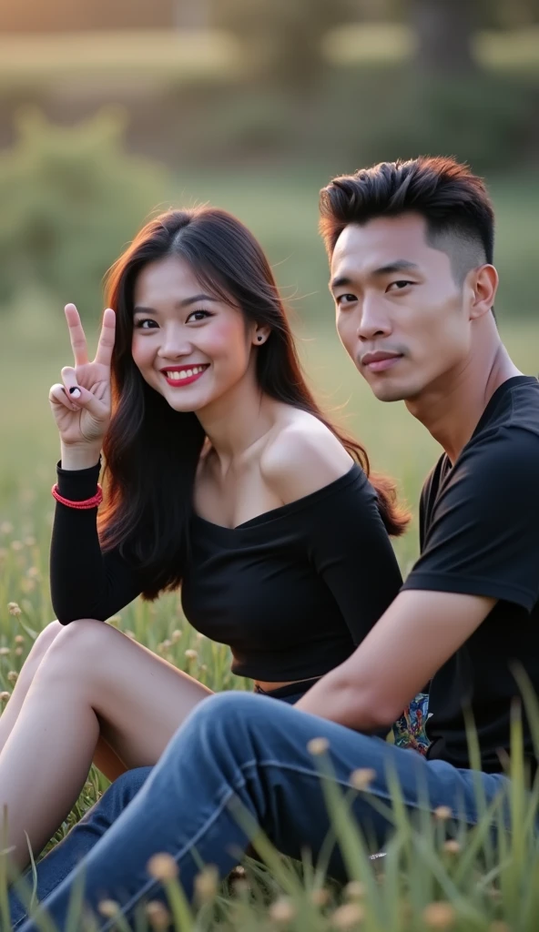 Photo of a beautiful Indonesian woman laughing happily sitting in a field, radiate serenity. Her hair was black and somewhat long in a bob and she was wearing a tight black off-shoulder shirt and short jeans.. One leg crossed over the other, and his arms were placed on her thighs. She wore a red string bracelet on her wrist and made a V-sign with her free hand.. Her clear, piercing brown eyes catch the warm light of the sun at dawn or dusk.. Beside him sat a handsome Indonesian man with short, neatly teased hair, his face clearly visible, wearing a black t-shirt and long jeans., they look at the camera. The soft, out-of-focus farm background adds to the delicate atmosphere of the scene, without any clear indication of a specific location or context. The artist&#39;s small signature in &#39;pupunkhatake&#39; style is on the right.., fashion, cinematic