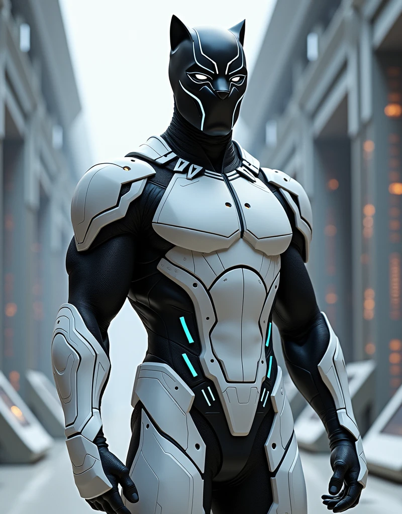 Black panther superhero wearing a iron man futuristic white angle Armor suit