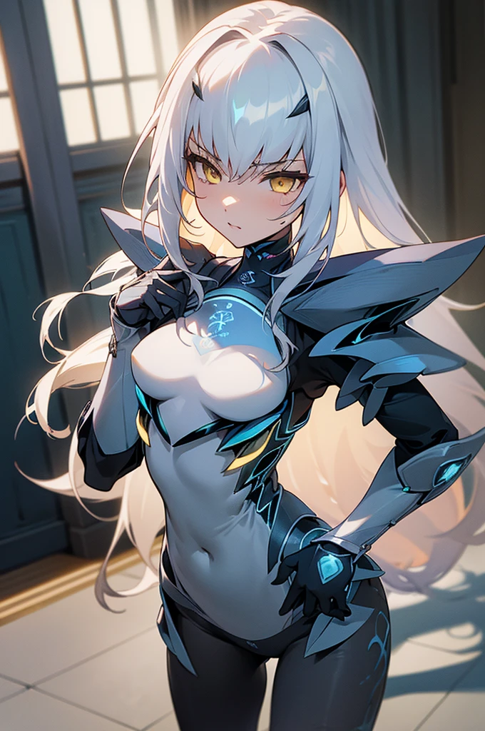 masterpiece, best quality, (extremely detailed CG unity 8k wallpaper), (best quality), (best illustration), (best shadow), (serious), absurdres, realistic lighting, (club), 1girl, (Melusine), long_white_hair, small_breasts, yellow_eyes, 1stascend, blue_armor, chuckling, stepping_on ((sexy))