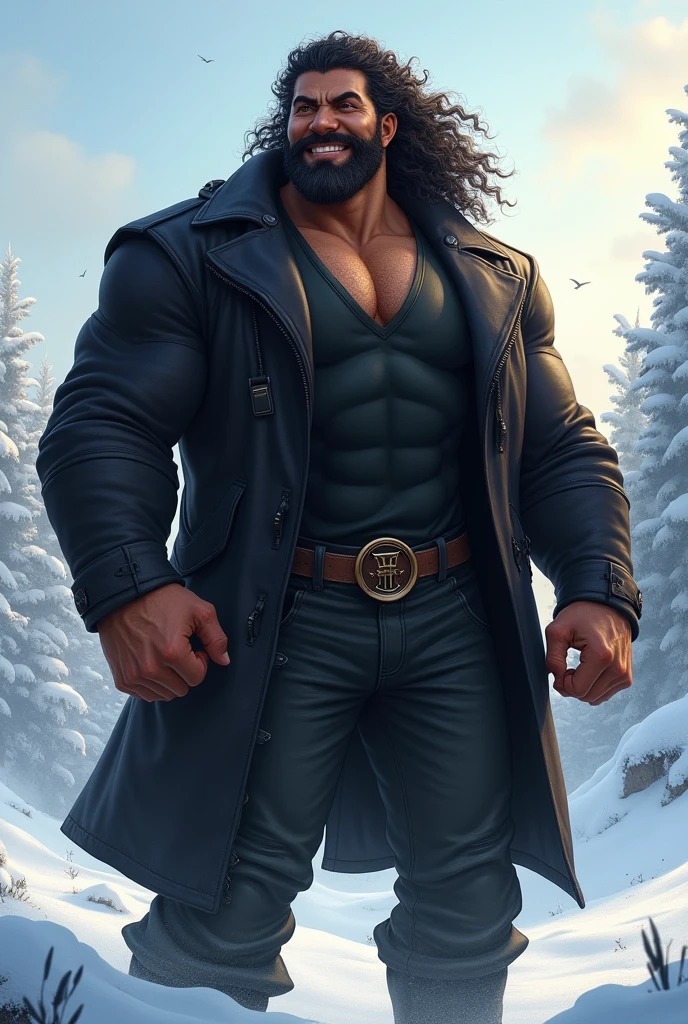 A man of 1,80 cm, with light brown skin, lots of long curly black hair, beard a little big and well done, with small eyes, big, strong arms and legs, strong chest and shoulders, wearing rock style clothes, black jersey, black coat and black pants in a snowy environment in the background and a happy and cheerful person's personality