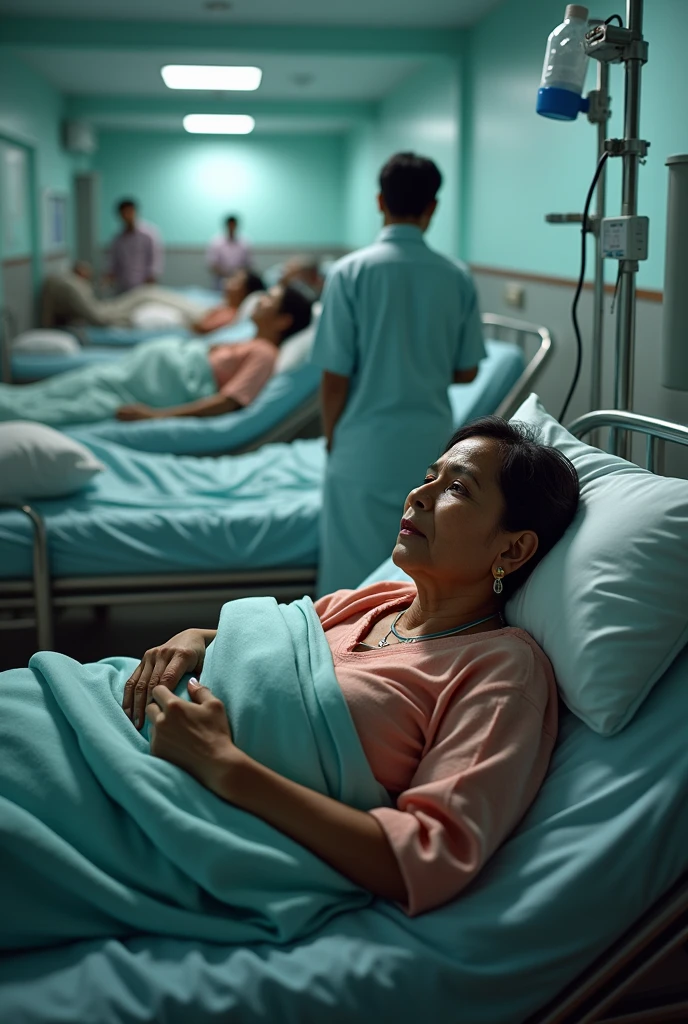 A bangladeshi woman her age is 50, she lies in magura shadar hospital beds on oxygen, cover by blankets, beside a nurse
she is a heart attack peshaint. Beside lots of beds