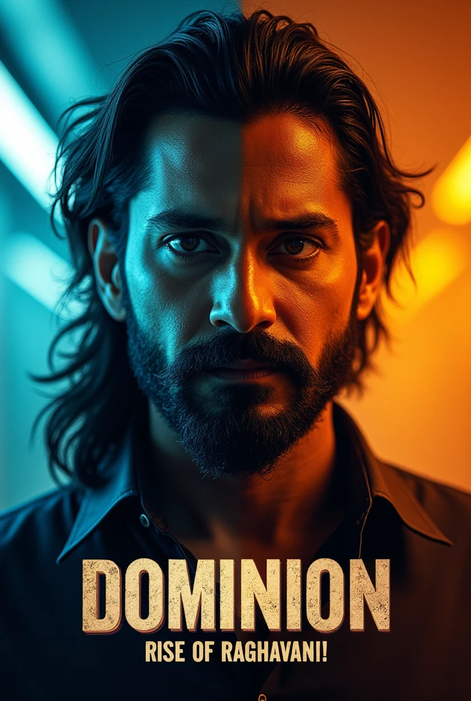 The poster sholud depict thalapathy vijay having a dual life. One as a business tycon and another as a ruthless gangster. The business man side should be highlighted in blue side and gangster side should be depicted in orange shade. Thalapathy is a 30 yr old man with long hair and beard. The title should be bold. The title is Dominion part I : Rise of Raghavan