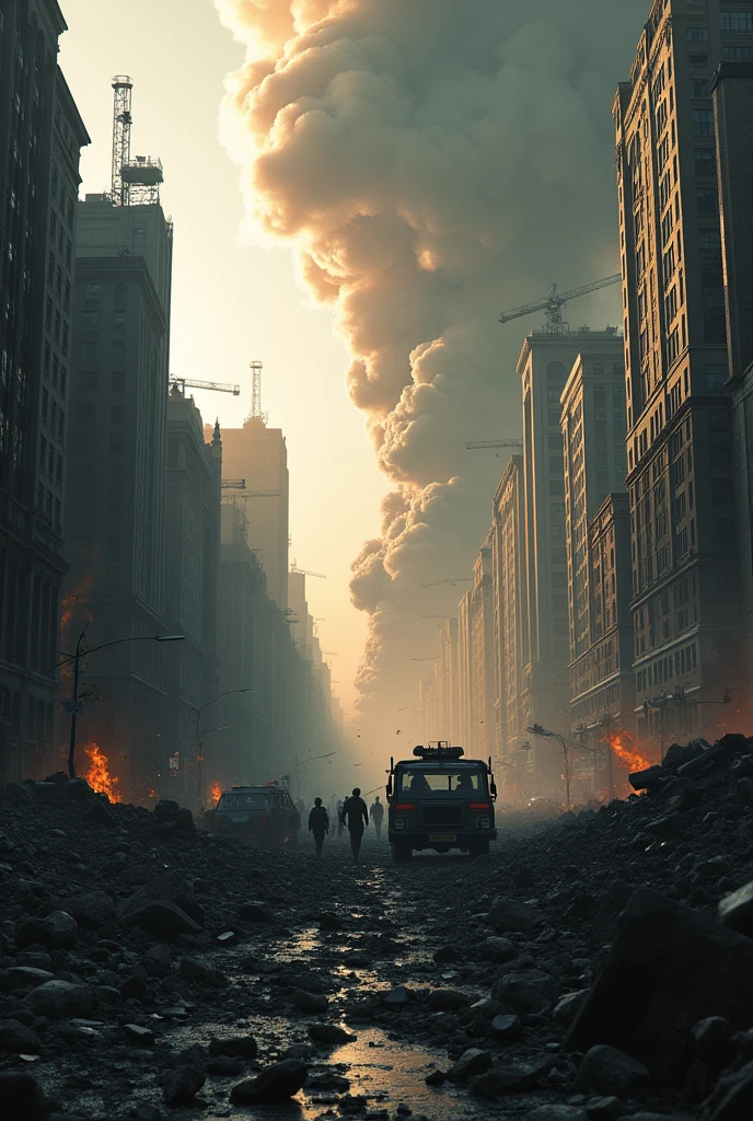 A city immediately after a bomb was dropped by a bomber