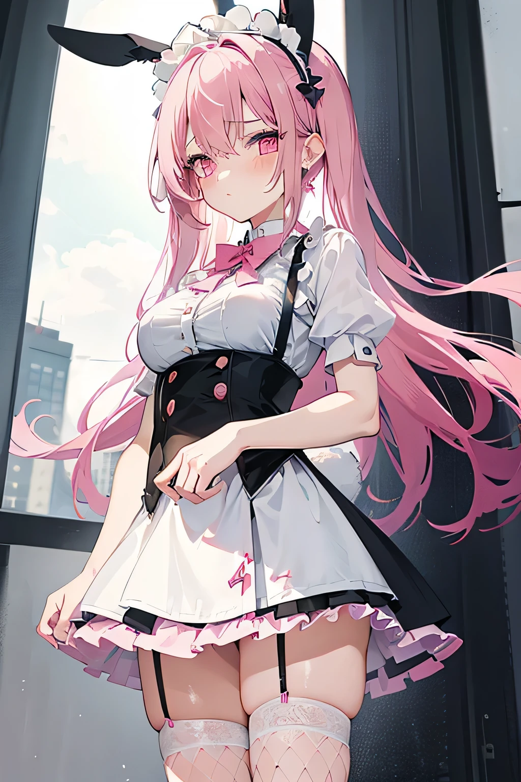 Young, submissive, pink aesthetic, AI anime girl's thighs, short, white and pink, lingerie maid skirt, stockings, garters, fishnets. Older, dominant, dark and edgy vibe, tall, muscular man cuddling her. 1girl, 1 guy. Earrings, Rabbit Ears, Blush, Shy, Soft Colors,