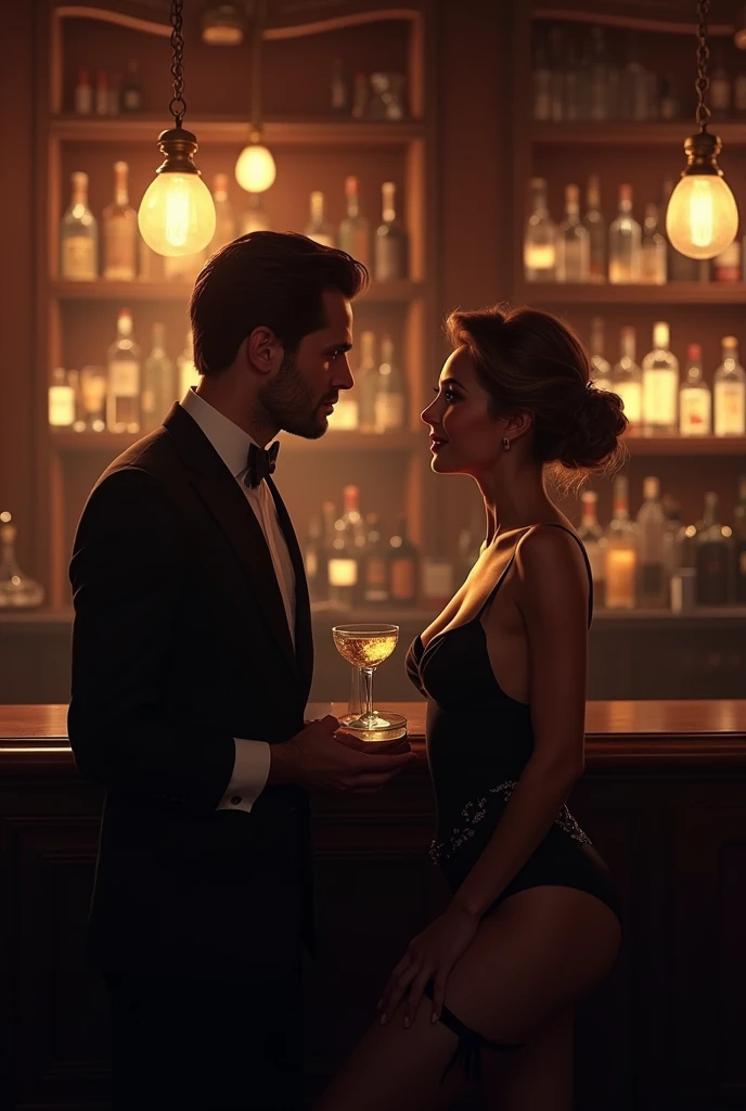 Create a man talking to a woman in a bar