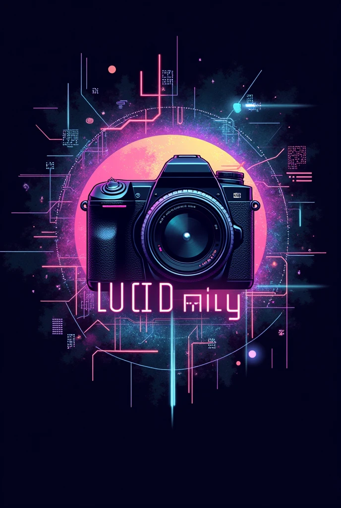 Create a professional logo for a photographer using the name Lucid Gallery with cyberpop details using an image of a camera