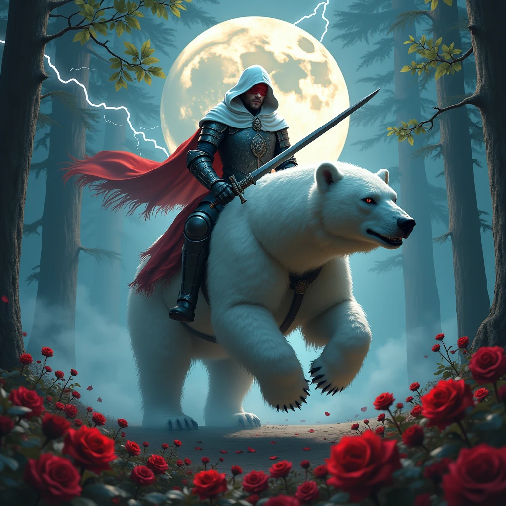 Male knight with a white hood with bear ears wielding a double edge sword is riding a polar bear in a forest while the moon shines, many Roses cover the ground and lightning falls from the sky. The polar bear has black eyes and an aggressive appearance and is tattooed. Only the man wears a red blindfold. In the background of the picture is the blood moon. The forest is full of trees with leaves.