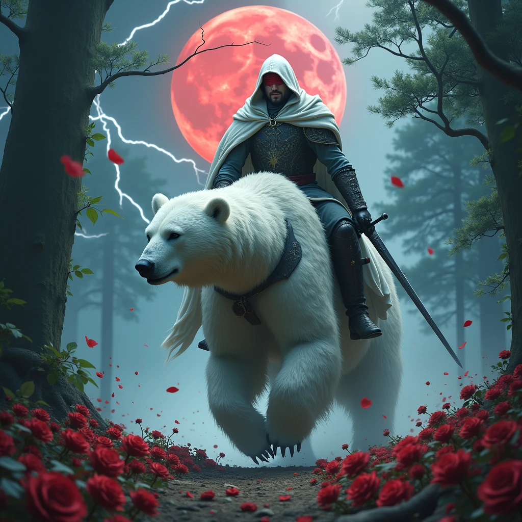 Male knight with a white hood with bear ears wielding a double edge sword is riding a polar bear in a forest while the moon shines, many Roses cover the ground and lightning falls from the sky. The polar bear has black eyes and an aggressive appearance and is tattooed. Only the man wears a red blindfold. In the background of the picture is the blood moon. The forest is full of trees with leaves.