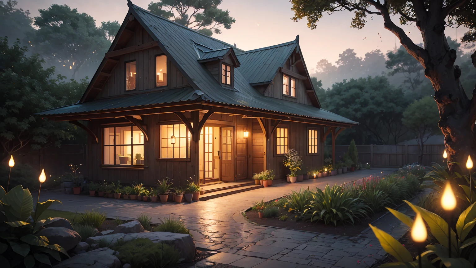 A magical courtyard in front of an elegantly designed house with soft, curved architecture, located by the sea in a lush jungle. A cozy tea setup with delicate porcelain cups and a teapot is placed on a stone table surrounded by flowering plants and ferns, with the sea breeze rustling through the leaves. Enchanting Evening Retreat. Envision a cozy courtyard by a beautiful, fairy-tale house, The house glows with a cozy light, nestled in a garden teeming with diverse flowers and bushes. The garden is alive with colors and textures, from delicate blossoms to thick, leafy foliage. The setting sun bathes the scene in a warm, ethereal glow, with a tea table perfectly placed to enjoy the peaceful ambiance. A cozy tea setup with delicate porcelain cups and a teapot is placed on a stone table surrounded by flowering plants. masterpiece, Best Quality, (highly detailed CG Unity 8k wallpaper), (Best Quality), (Best Illustration), (BEST SHADOWS), surrounded by flowers, delicate leaves and branches surrounded by Fireflies (Natural elements), (Jungle theme), (leaves), (branches), (Fireflies), (particle effects), etc. 3D , Octane Rendering, Ray Tracing, super detailed
