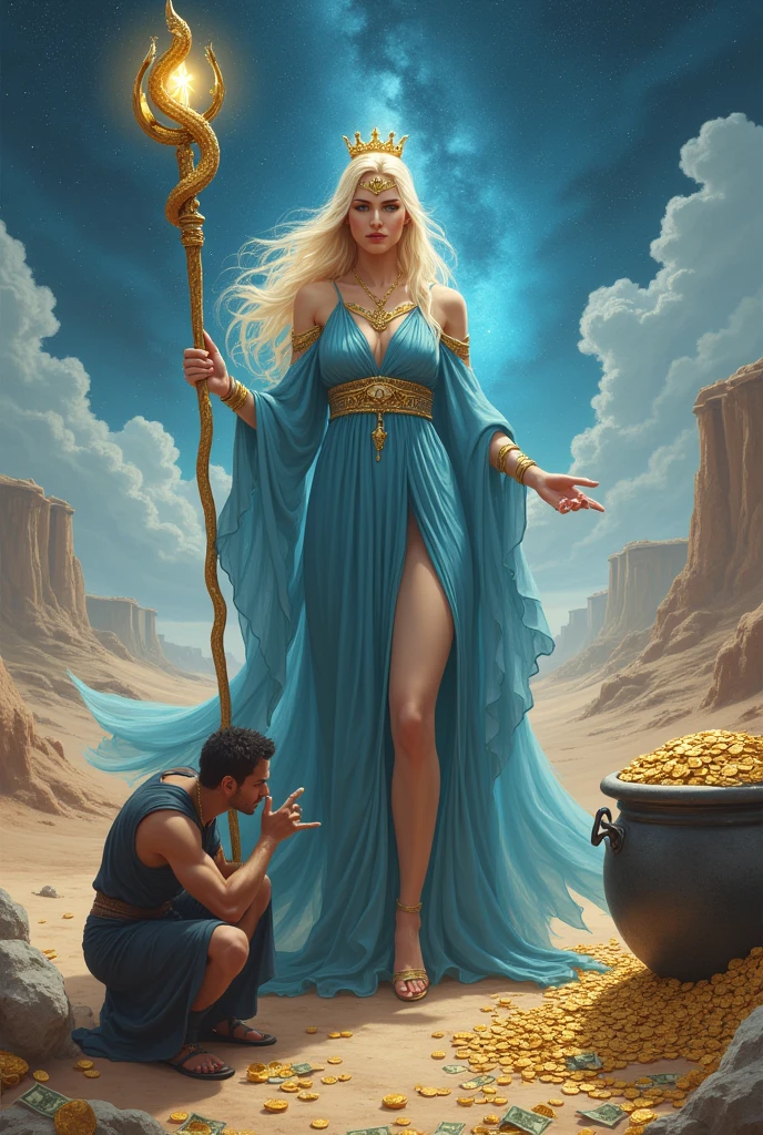 Infinity woman with blonde hair in a blue dress and a crown on her head with a snake-shaped staff in the desert full of coins and money bills and a large cauldron full of coins and a starry sky pointing her finger forward and a castle behind her and a man kissing her hand 