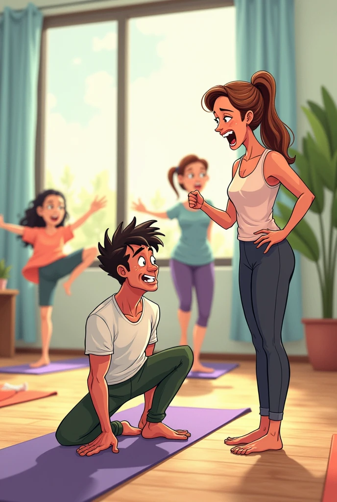 Illustrate a humorous yoga class scene where an adult man is struggling to do a difficult yoga pose, trying hard to touch his toes, but his expression shows frustration and determination. Nearby, a female instructor with a playful smile comments with a teasing gesture, suggesting even touching his chin with his knee might be impossible. The background shows other students balancing with ease, creating a light-hearted, funny atmosphere with a mix of yoga elements and exaggerated expressions to em