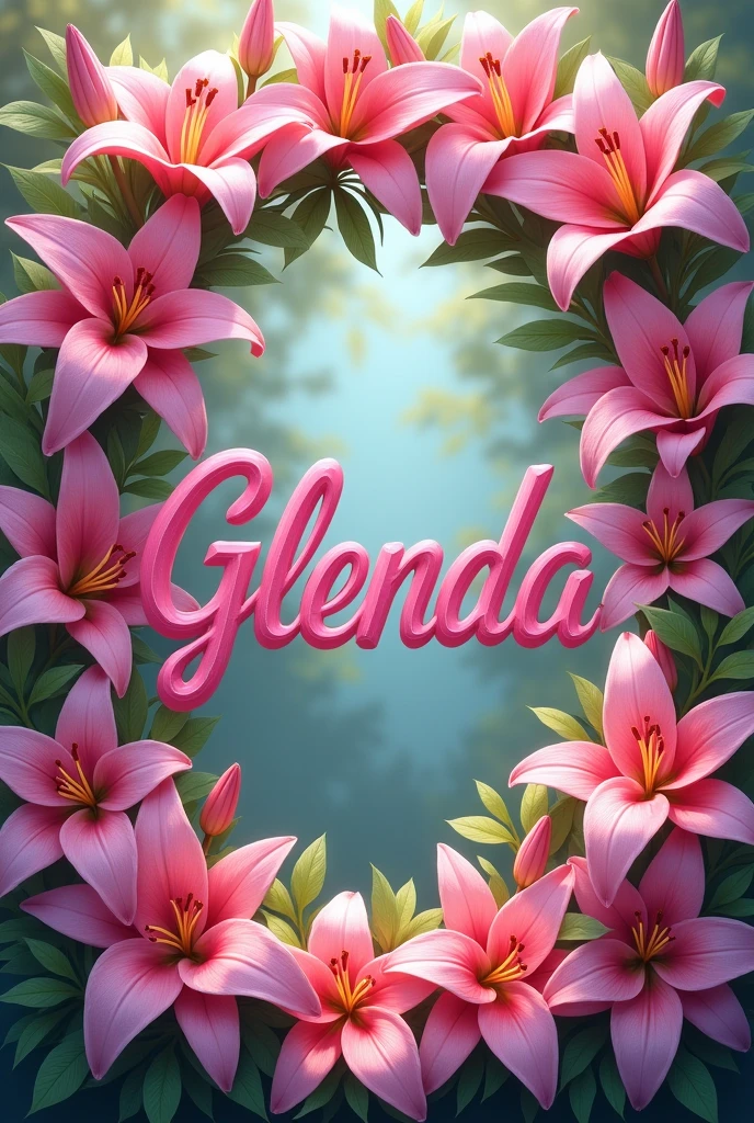 Make the name Glenda that is surrounded by pink lily flowers 