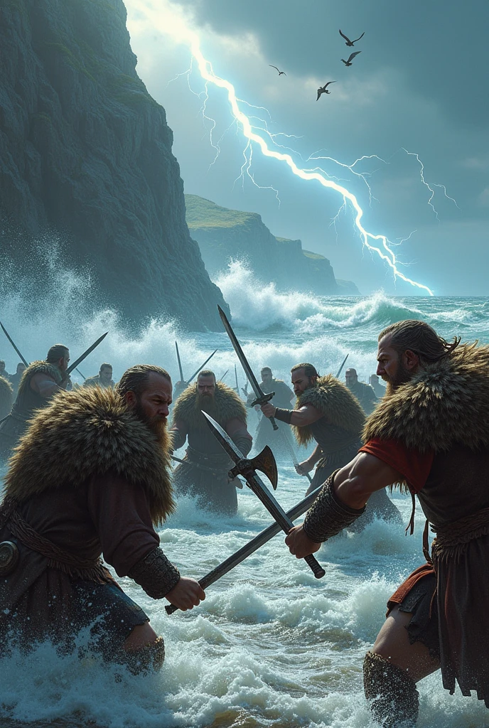 army of sea elf men, they are naked, their hair is white, their skin color is tropical Latin, everyone is coming out of the sea, they are furious, in the background we see a big sea storm, there is a lot of lightning and thunder, army of elves, naked, men, guys, gay, full body