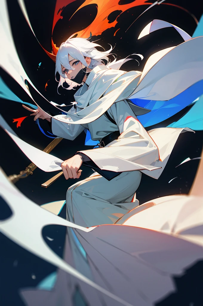 Wearing a white mask、Holding an iron fan in both hands、Dancing with ice and fire、Priest's Boy