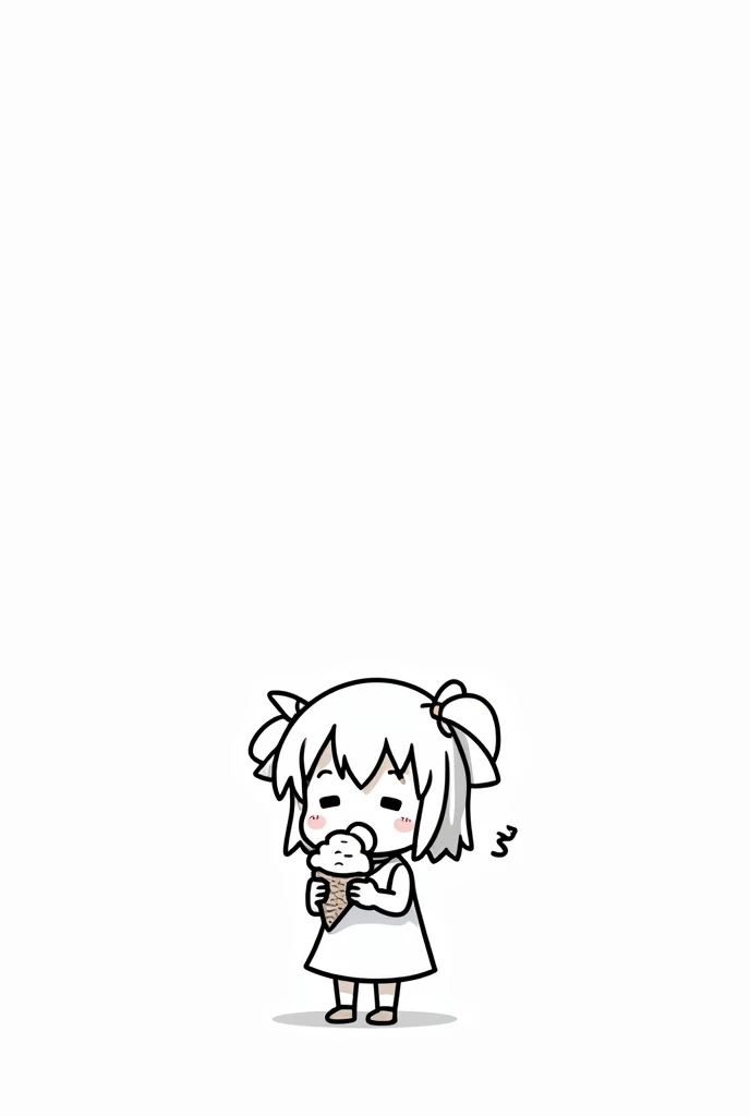 （Most of the background is solid white color.），Simple little cute cartoon girl, doodle, minimalist, black and white, , eating ice cream