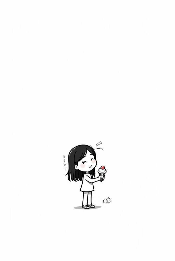 （Most of the background is solid white color.），Simple little cute cartoon girl, doodle, minimalist, black and white, , eating ice cream