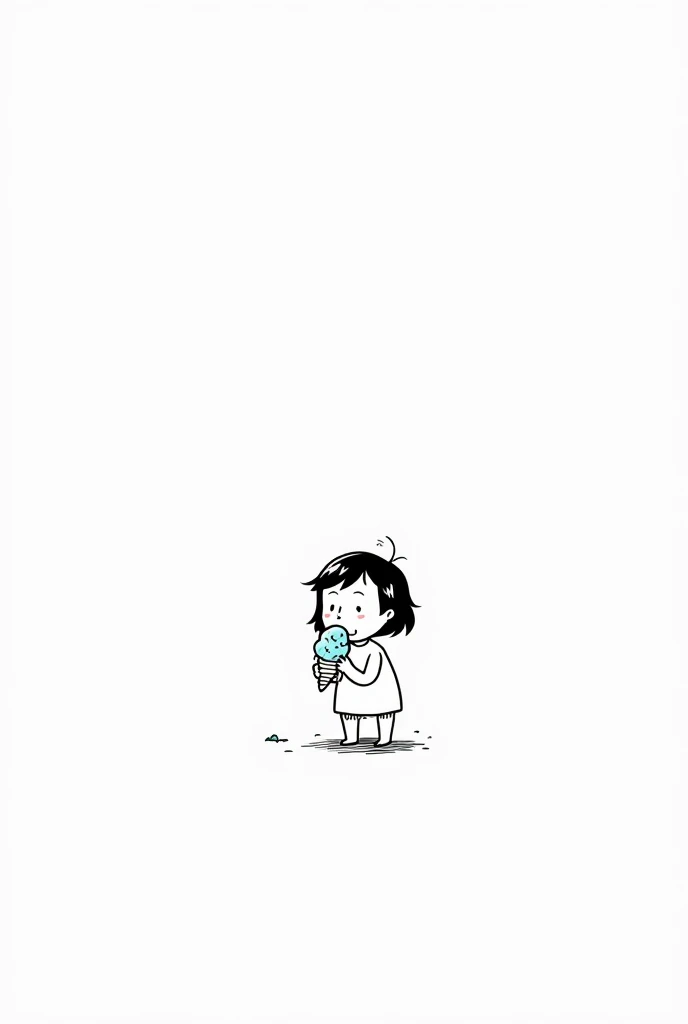 (Most of the background is solid white color.),Simple cute cartoon girl, doodle, minimalist, black and white, , eating ice cream
