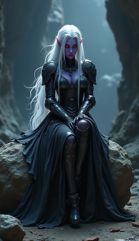 Drow female from baldur's gate, best quality, ultra-detailed CG unity 8k wallpaper, sitting on a boulder, high resolution, dynamic pose, beautiful face, (dark platemail armor, red eyes), depth of field, dark setting, night, underground, no light), (high fantasy) (white Hair, long flowing hair), light violet skin