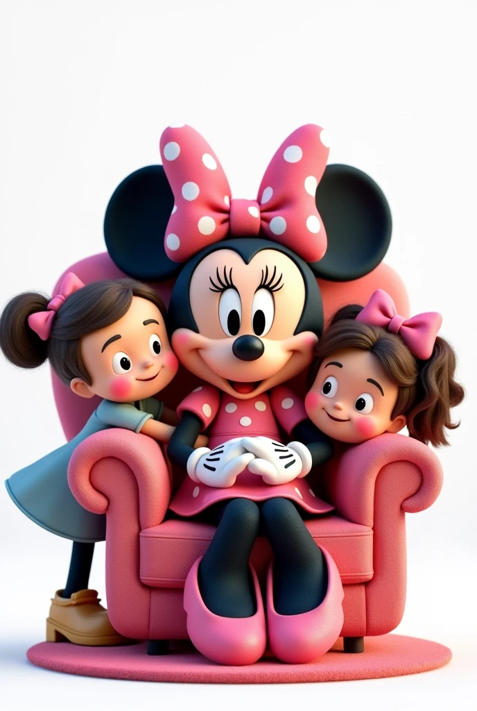 Draw for me Minnie Mouse Disney in a pink chair with several children feeling included among them Disney Pixar style with a white background