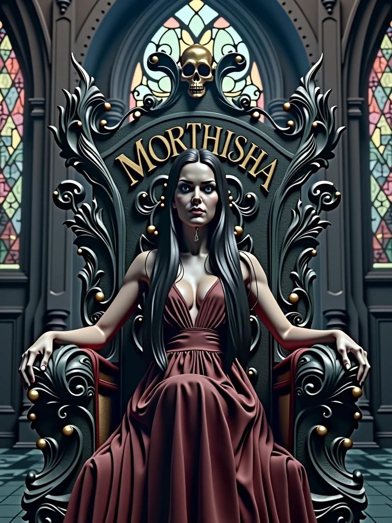 A captivating and high-quality 3D render of a dark fantasy scene featuring a beautiful woman with long, dark hair and piercing eyes. She sits majestically on a twisted, dark wood throne, intricately carved and adorned with a sinister skull atop the backrest. The font, Niagara Engraved, is elegantly written in silver metallic, spelling out the name "MORTHISHA." The dimly lit gothic room, with its stained glass windows, casts an eerie glow, while the chilling atmosphere and sinister aura draw the viewer into this mesmerizing, cinematic world. This 3D render is perfect for a poster or a movie still, showcasing the cinematic quality of the image.