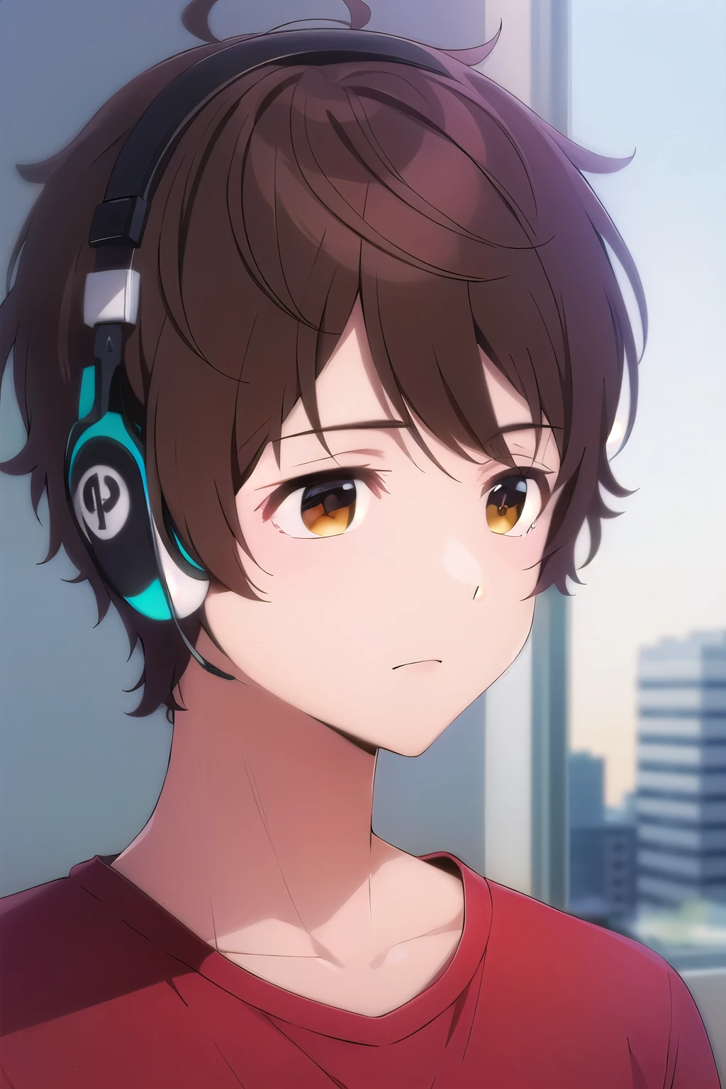 photorealistic, (4k), depth of field, (Masterpiece), (realistic skin texture), extremely detailed, intricate, hyper detailed, high resolution, professional photography, , depth of field, sharp detail, best quality, , 1boy, solo, male focus, shun_tokinoya, brown hair, brown eyes, , bangs, , , The City of Glas, HD, Con Auriculares, Red shirt, magic power. Poder magico, escudo magico, magia