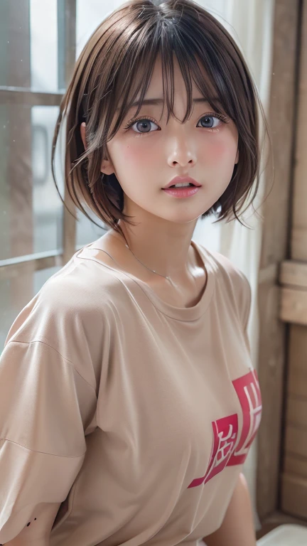 (8k, Photorealistic, RAW Photos, Best image quality: 1.4), Japanese schoolgirl、Short Bob、Super detailed face、Eye on the details、double eyelid、Sharp focus:1.2、Beautiful woman:1.4、Light brown hair、Highest quality、masterpiece、Ultra-high resolution、(Photorealistic:1.4)、Highly detailed and professionally lit smiles、(OversizedＴshirt:1.5)、blush、Open your mouth a little、Watery eye、amount、erect nipples