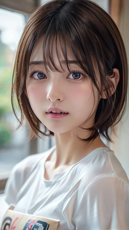 (8k, Photorealistic, RAW Photos, Best image quality: 1.4), Japanese girl、Short Bob、Super detailed face、Eye on the details、double eyelid、Sharp focus:1.2、Beautiful woman:1.4、Light brown hair、Highest quality、masterpiece、Ultra-high resolution、(Photorealistic:1.4)、Highly detailed and professionally lit smiles、(OversizedTshirt:1.5)、blush、Open your mouth a little、Watery eye、amount、erect nipples