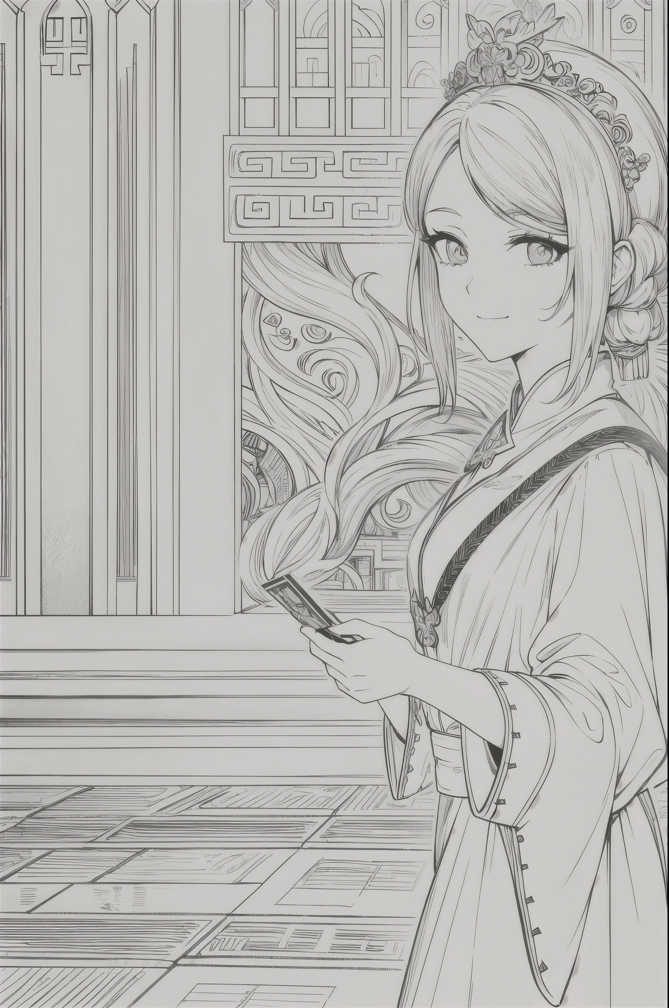 Masterpiece, top quality, one girl, beautiful facial features, white Chinese dress, snow, healing smile, simple temple wall in the background, monochrome, line drawing