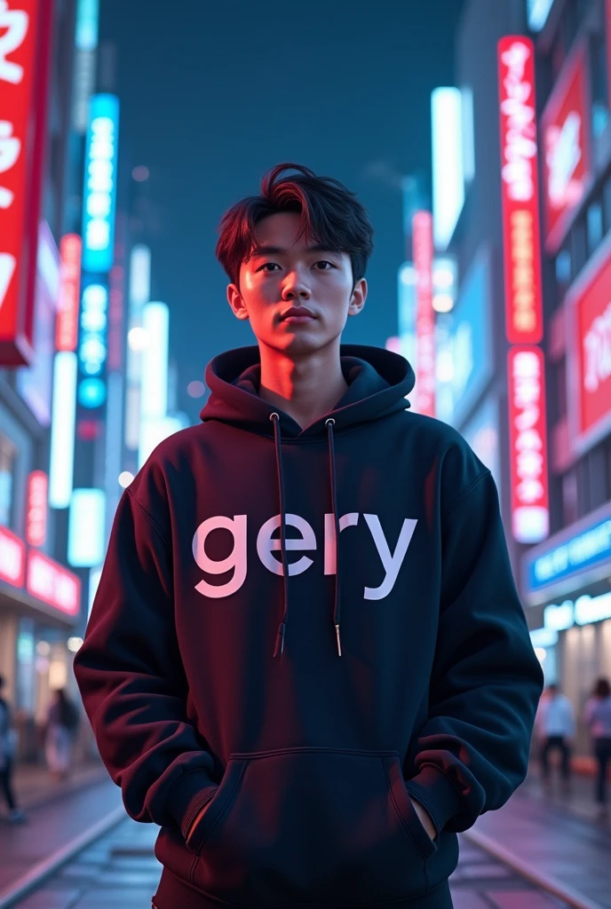 Create a character anime, {{background: capital text “GLBK”, night city}}, tanned skin,
realistic, HDR, handsome, japan style, full body, use tesseract, age 20, hoodie HD text: “Gery”, male, short hair