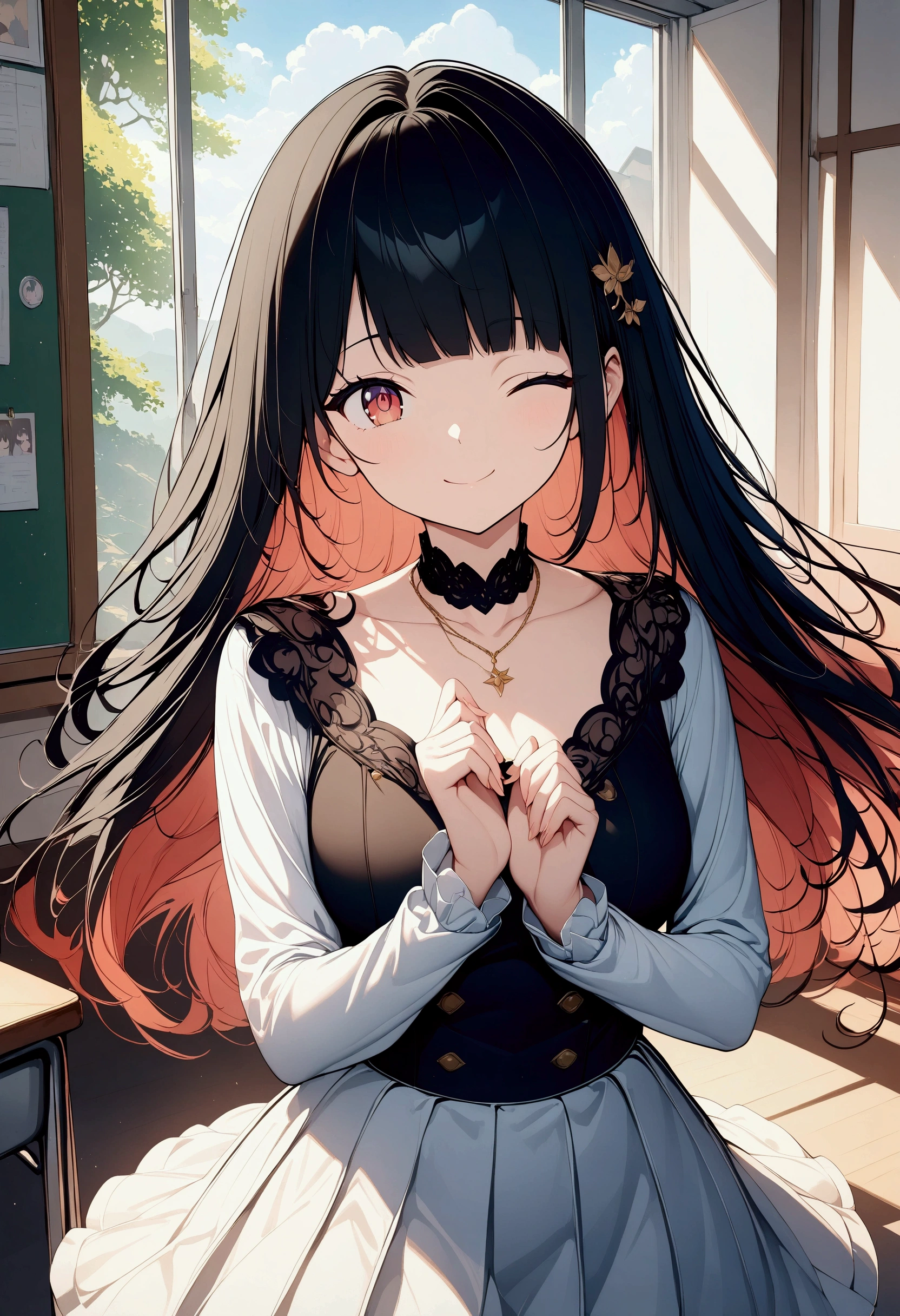 (((anime))) A woman with one eye closed,Gal,Long Hair,(Black Hair),Diagonal bangs,necklace,smile,Red eyes,Big eyes,uniform,Volume sleeve,classroom,sunlight,masterpiece,Highest quality,Exquisite,8k,Absurd,Ultra-fine illustrations,(View your viewers)