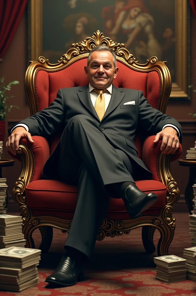 Rich man sitting on chair with money