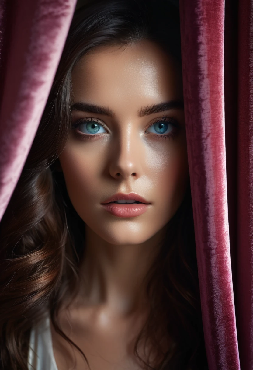 RAW photo, beautiful eyes, masterpiece, peeking out from behind the curtains, colorful details, award-winning, high detail, 8 K, daylight, analog film, detailed skin, stunning composition, complex parts, subsurface scattering, velvet hair, amazing textures, cinematic, chiaroscuro, soft light